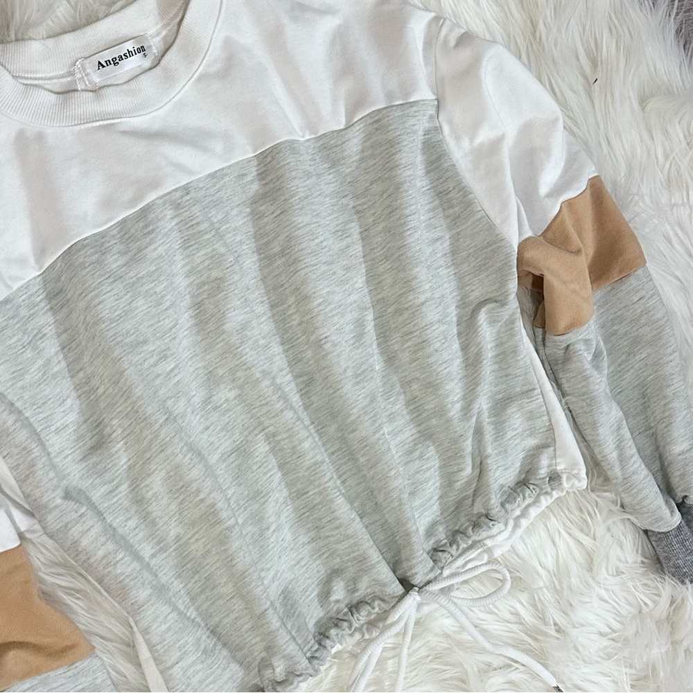 Cropped Colorblock Crewneck Sweatshirt with Drawstring Waist - Picture 5 of 7